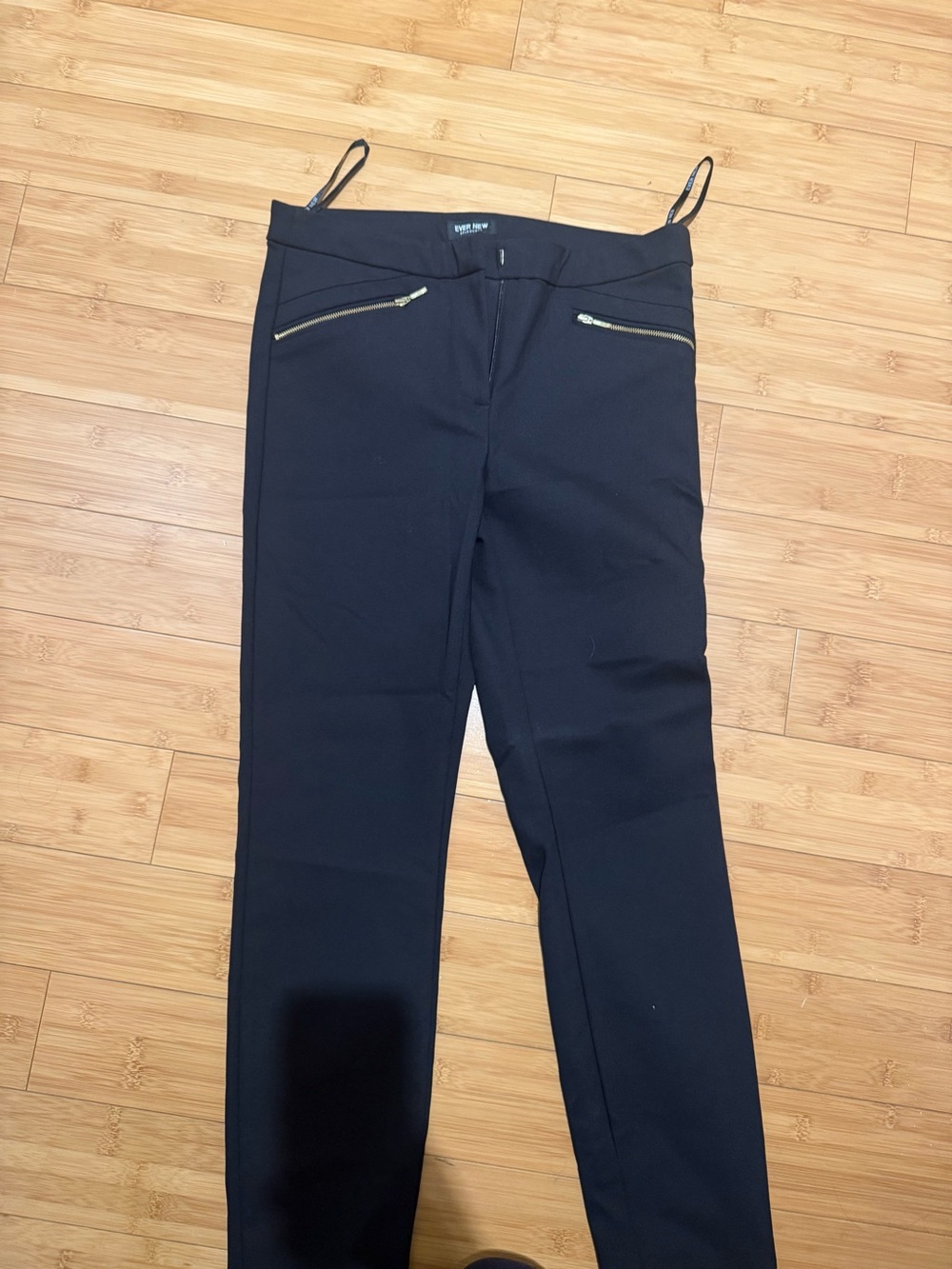 Evernew Black Stretch Slim Pants with Gold Zip Detail